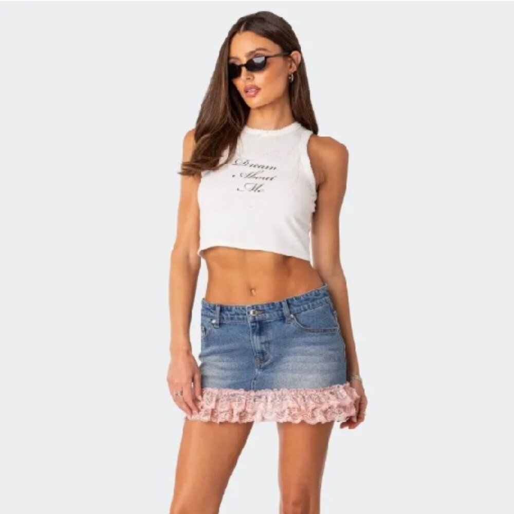 NWT - Edikted Claudia Lacey Denim Mini Skirt + Dream About Me Tank  BUNDLE! - S